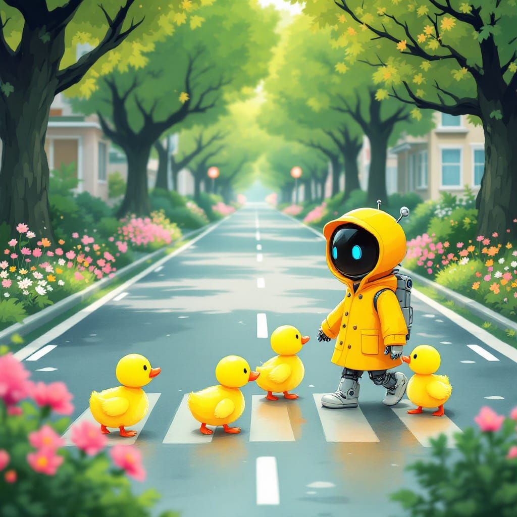 Cute Robot Guides Ducklings in Whimsical Chibi Style