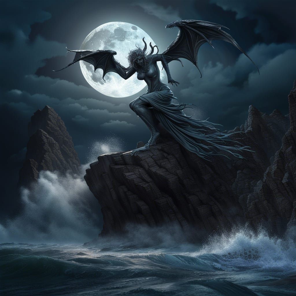 Eerie Banshee Wails on Cliff Under Full Moon