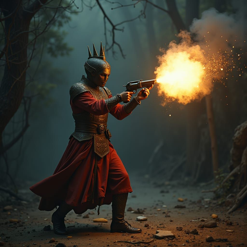 Ornate Antique Revolver Fires in Dark Setting