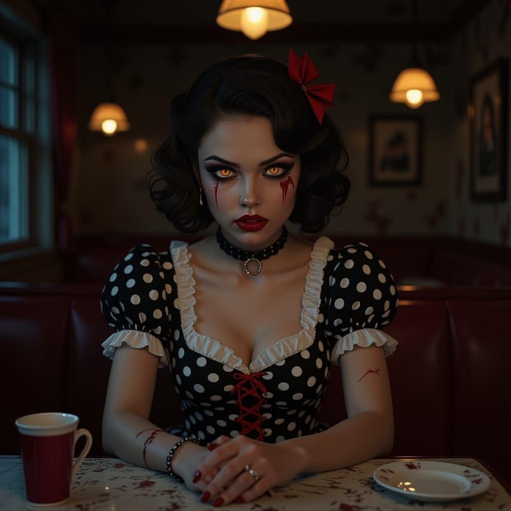 Vampire Girl in a 50's Diner at Night