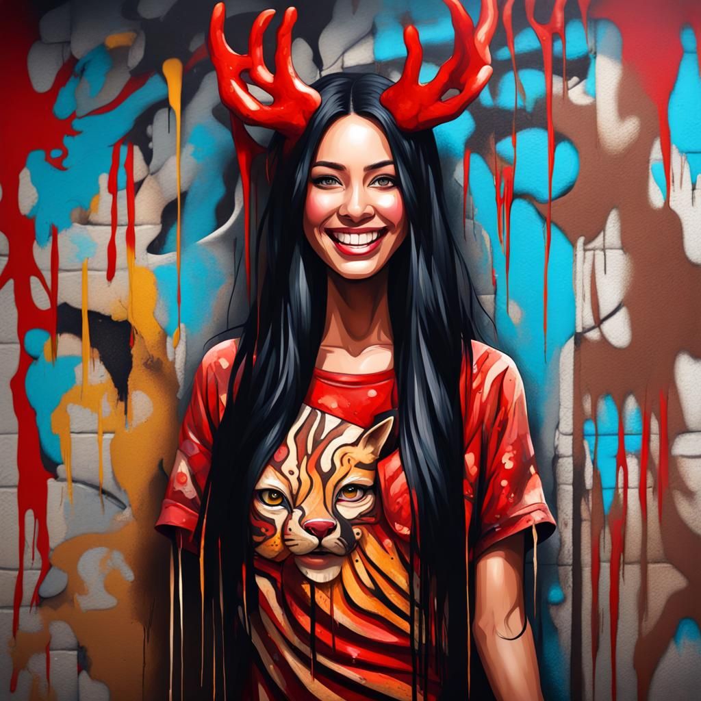 Red-Skinned Woman in Graffiti Splash Art Style