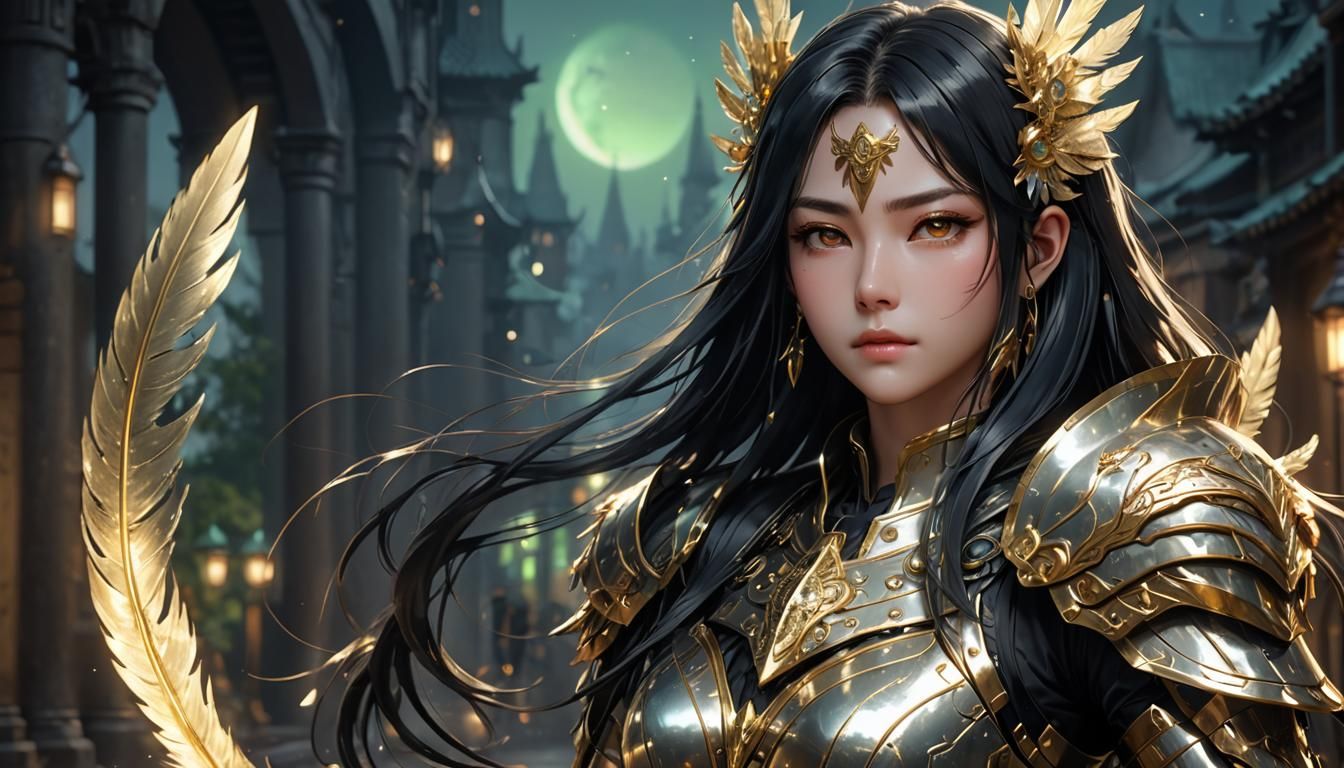 Anime Woman in Golden Armor Shines in Moonlight