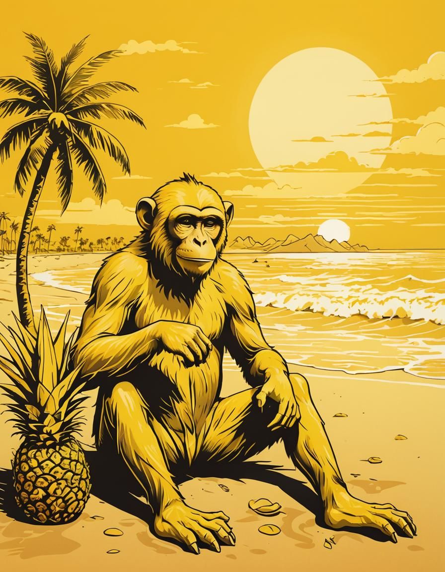 Monochromatic Yellow Monkey with Pineapple Illustration