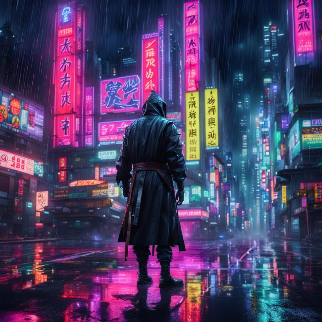 Neon Ninja in Rainy Neo Tokyo, Digital Art