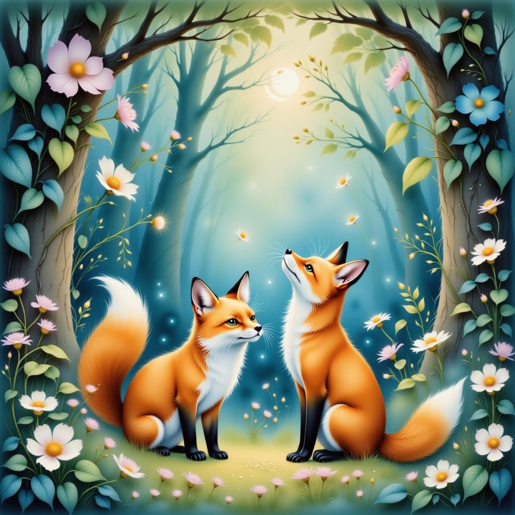Whimsical Foxes Play in Mystical Pastel Forest