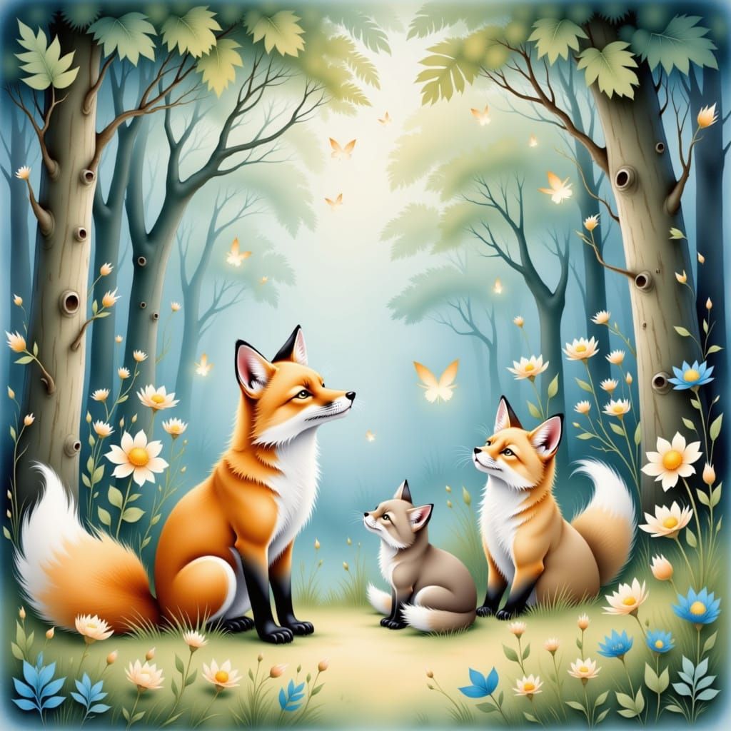 Whimsical Foxes and Cats in Pastel Watercolour