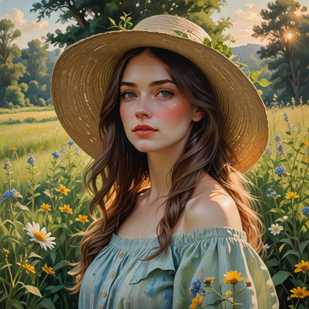 Young Woman in Straw Hat Amidst Wildflowers, Impressionist S...