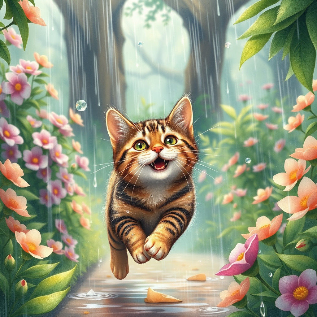 Tabby Cat's Joyful Dance in Rainy Garden