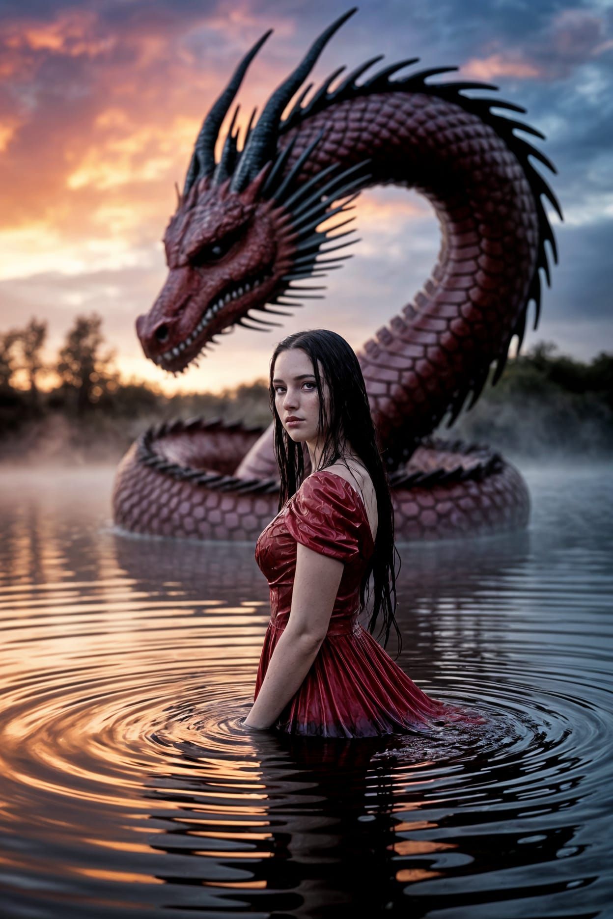 Fantasy portrait photo of a mysterious woman with long, flowing dark hair, standing waist-deep in still water, wearing a...