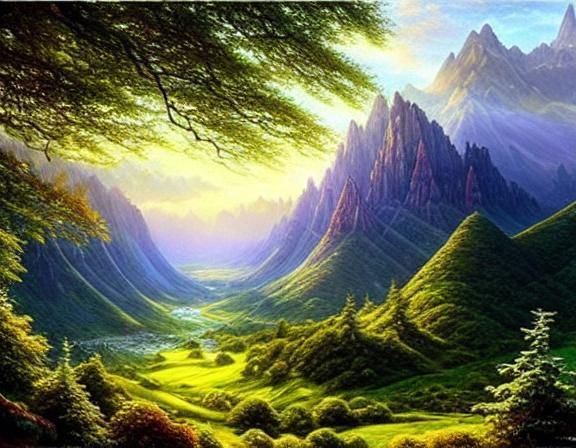 Elven Mountains in a Heavenly Realm: Oil Painting