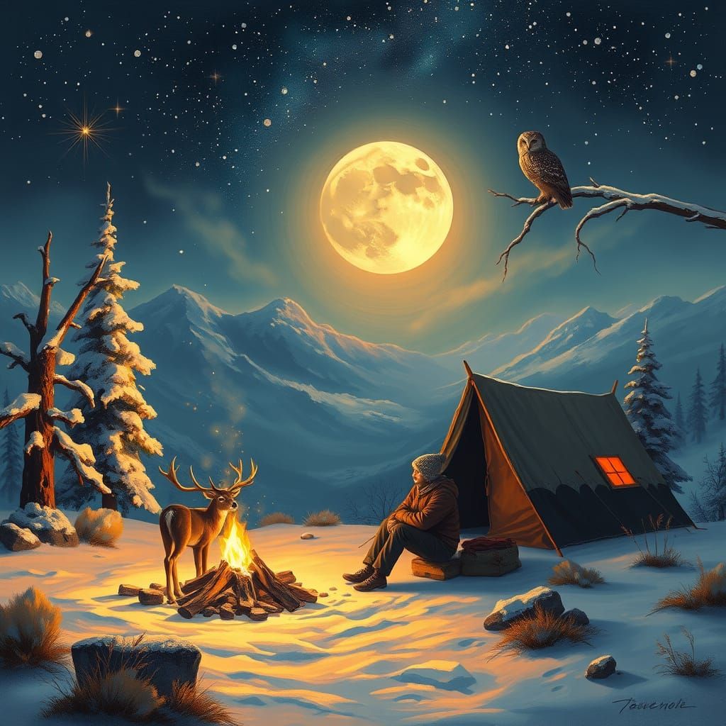 Peaceful Winter Tundra Scene with Camper and Gentle Deer