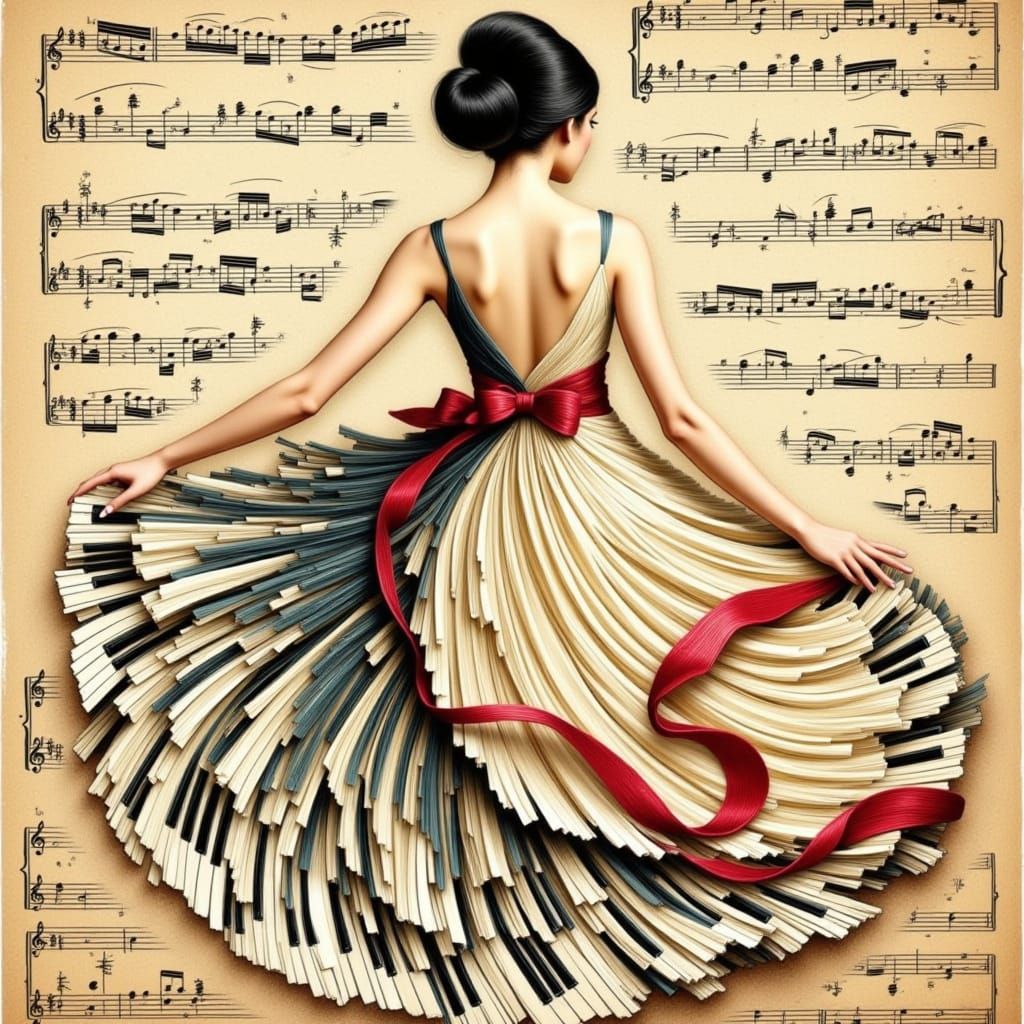Surreal Woman with Piano Key Dress in Watercolor Sketch Styl...
