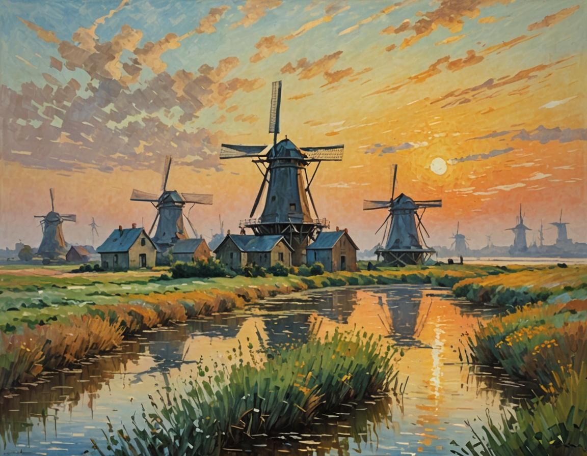 Impressionist Painting of Windmills at Sunset