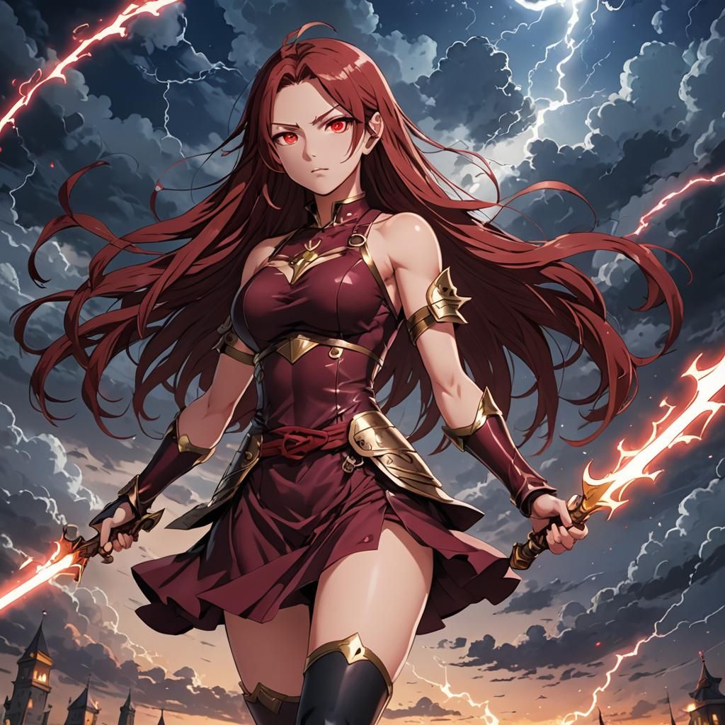 Anime Female Warrior with Red Eyes and Burgundy Dress