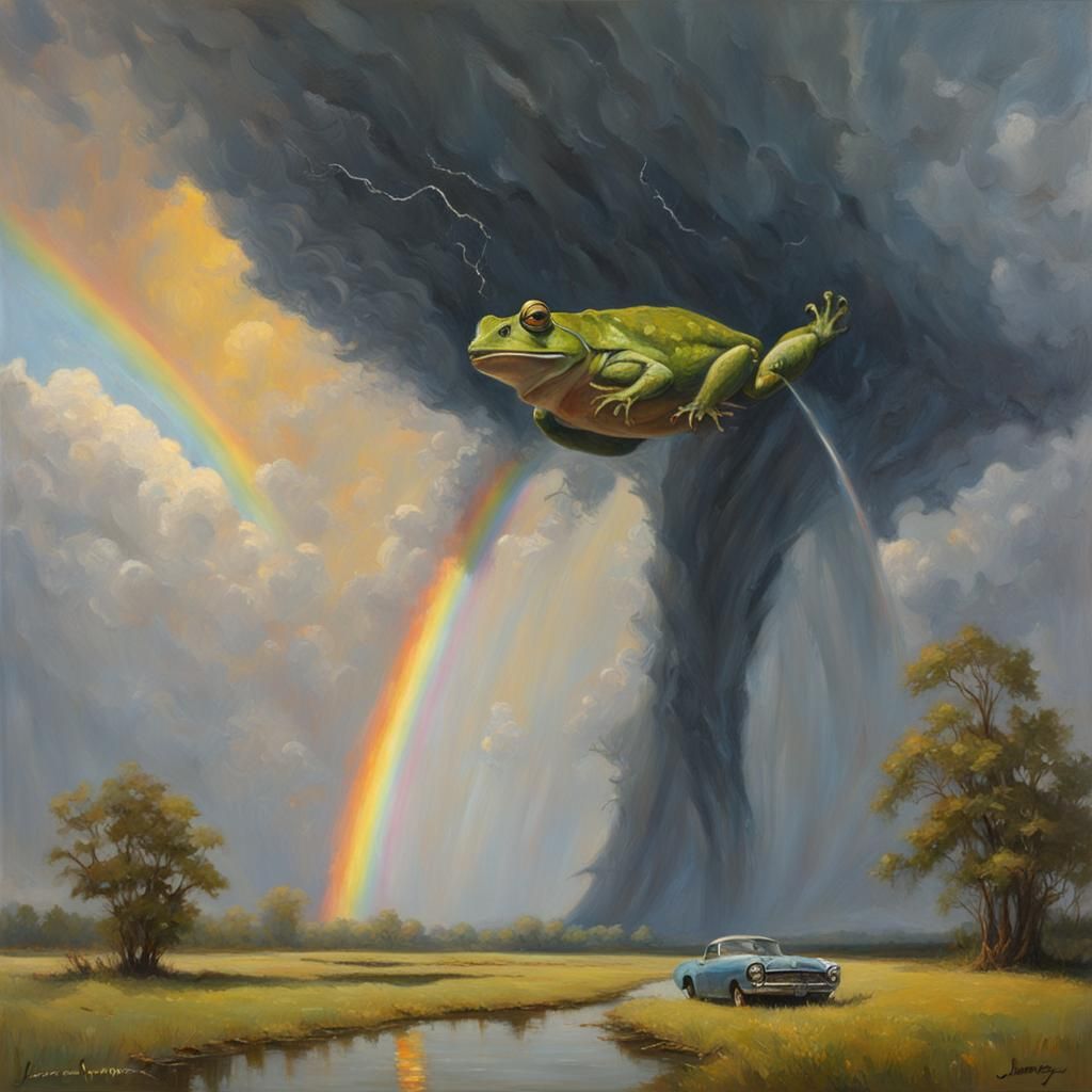 Whimsical Tornado, Rainbow, and Frog Oil Painting