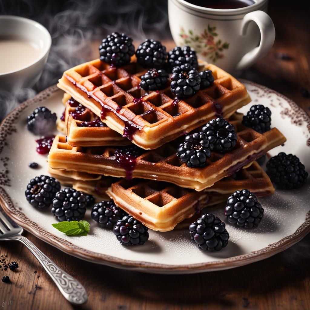 Hyperrealistic Waffles and Blackberries Still Life