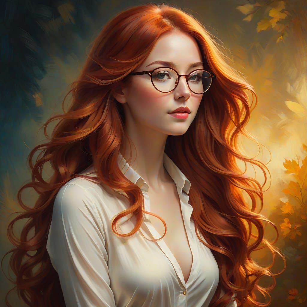 Elegant Oil Painting of a Shy Woman with Long Red Hair