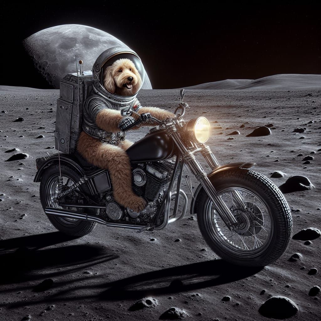 Dog Rides Motorcycle on Moon in HDR