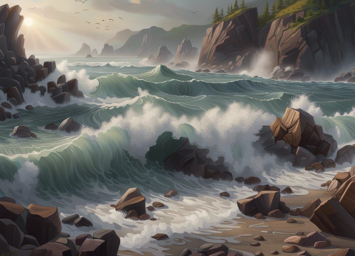Waves Crash on Rocky Beachscape as Oil Painting