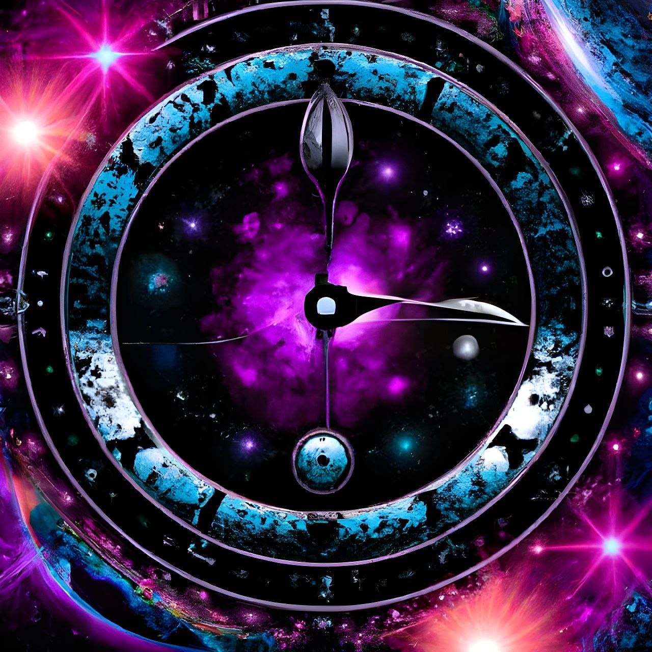 Hypnotic Clock Surrounded by Neon Asteroid Storms