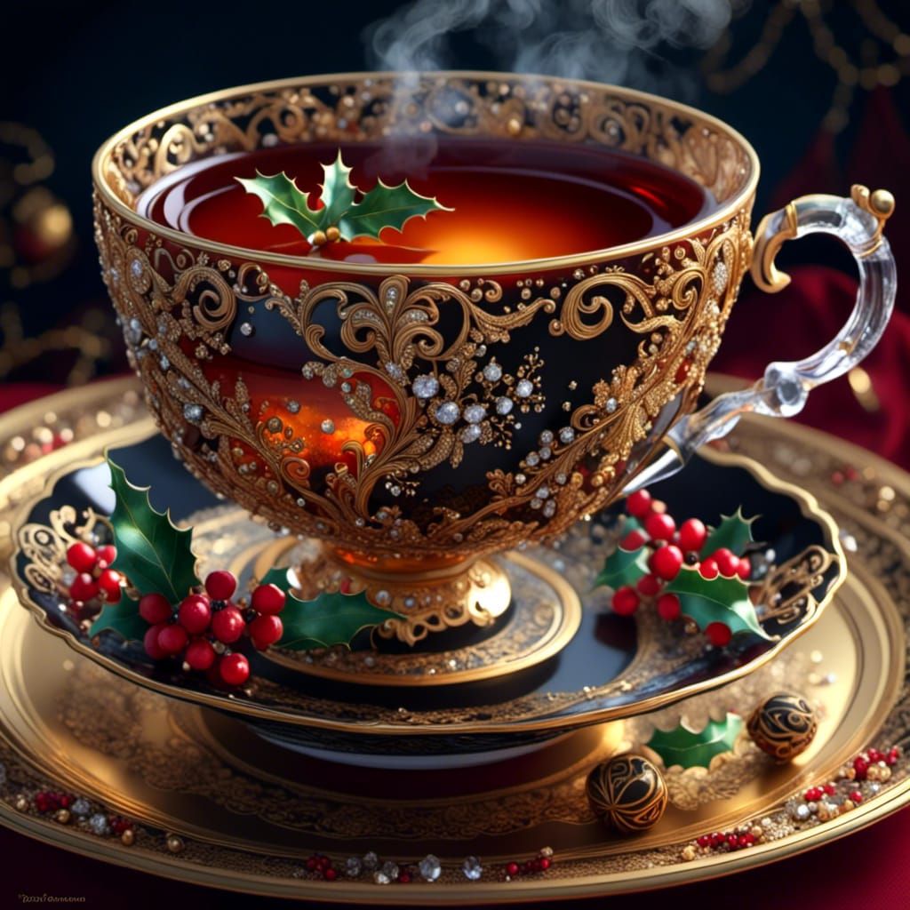 Christmas Tea in Crystal Teacup, Watercolor Style