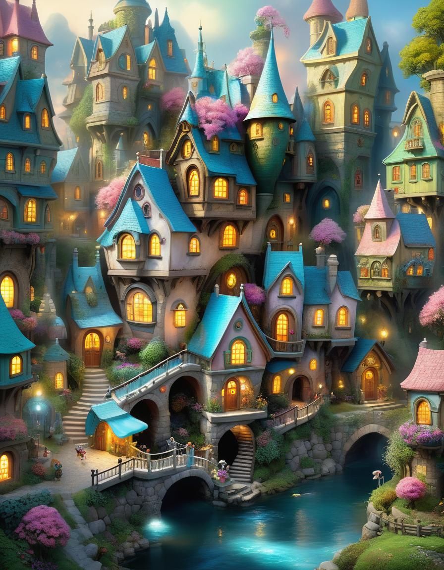 Whimsical Town Inspired by Kinkade and Ceccoli