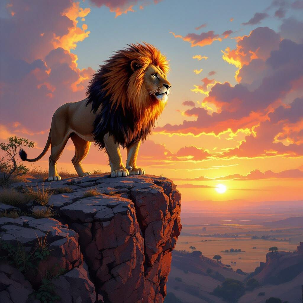 Fiery Lion Overlooking Savanna Sunset, Fantasy Art