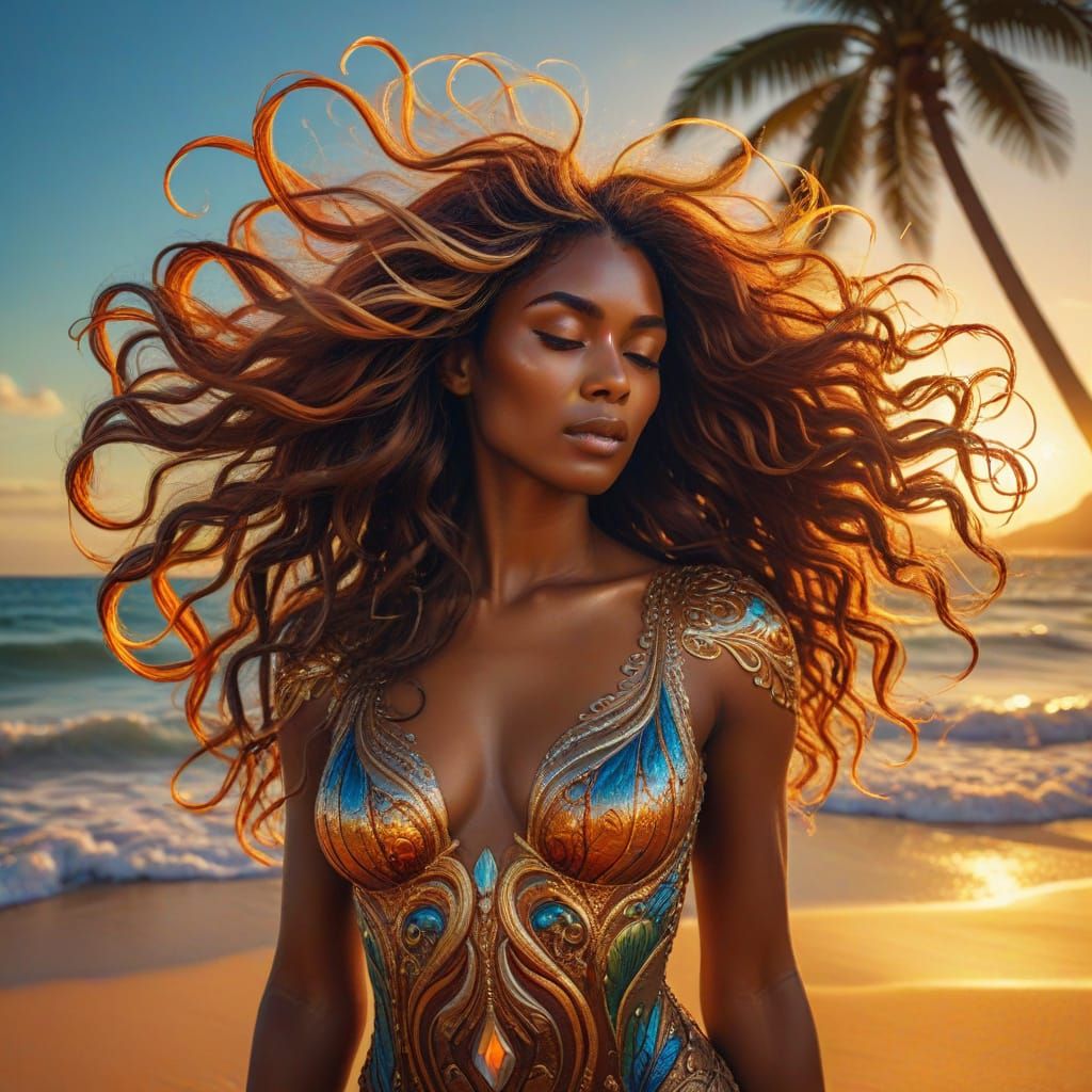 Art Nouveau Tropical Beach Scene with Woman in Golden Hour L...