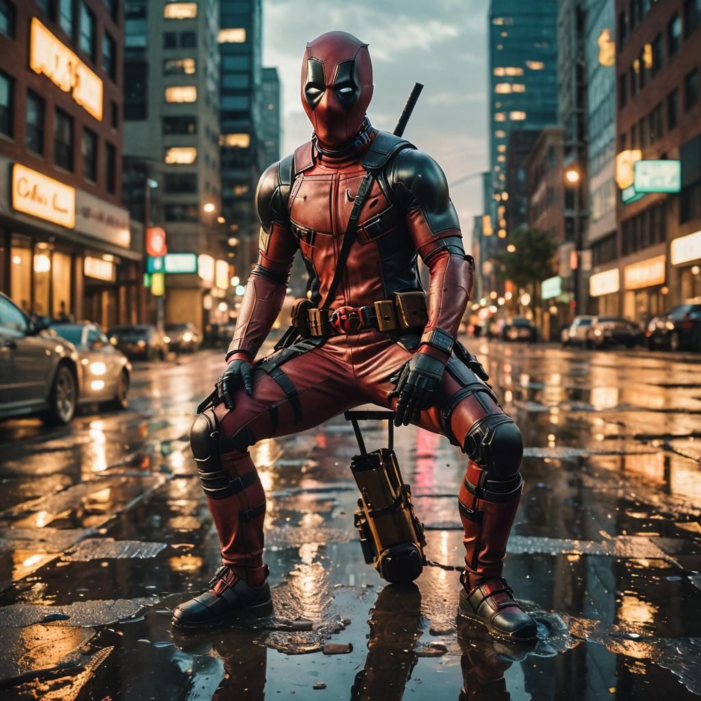 Deadpool in Cityscape at Dusk: Cinematic Film Still