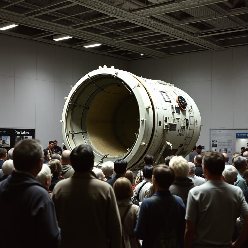 Vintage Space Enthusiasts Gather Around a Realistic Model of...