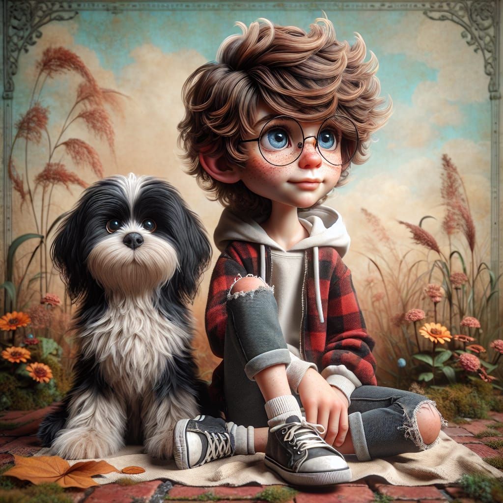 Boy and Dog in Whimsical Autumn Scene