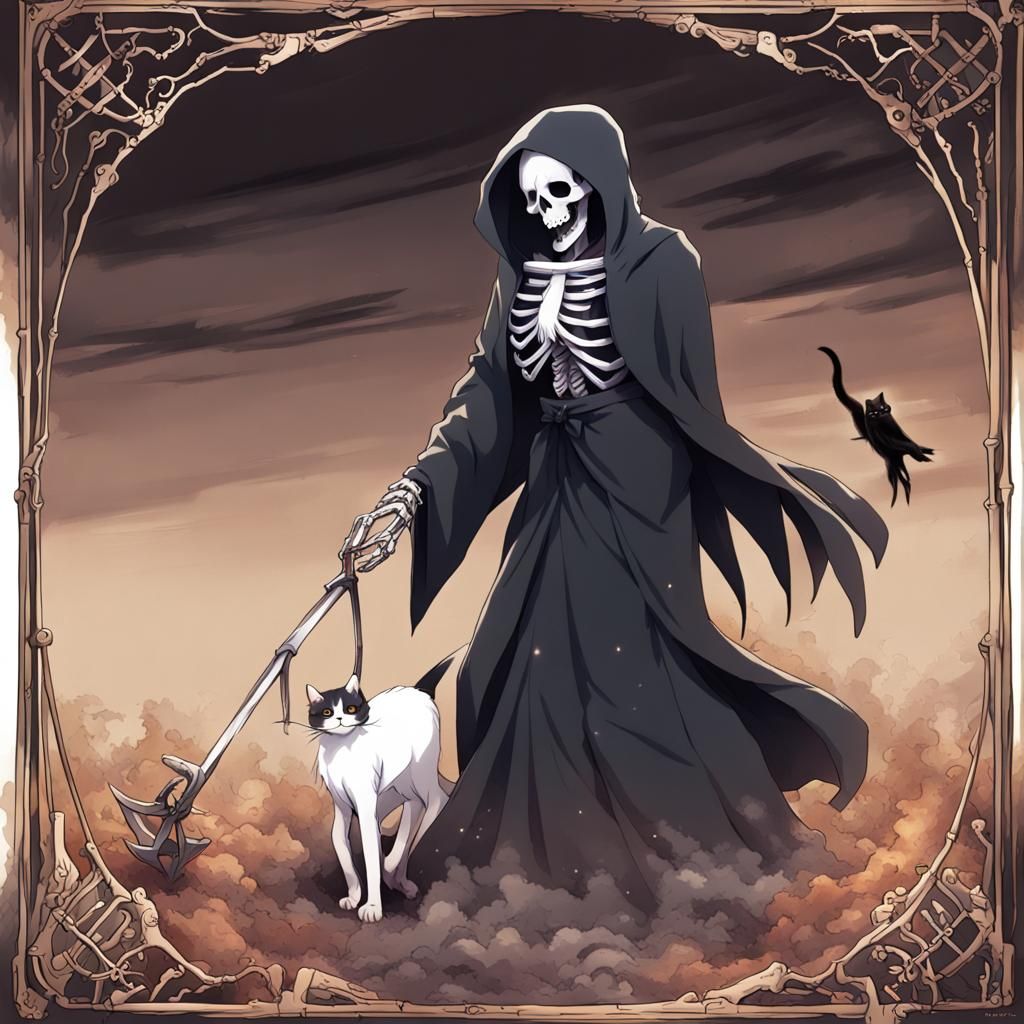 Grim Reaper and Cat Spirit in Anime Style