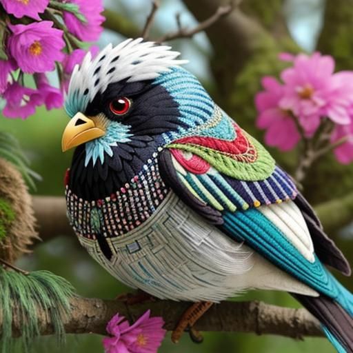 Embroidered Bird on Mossy Branch in Quilted Landscape