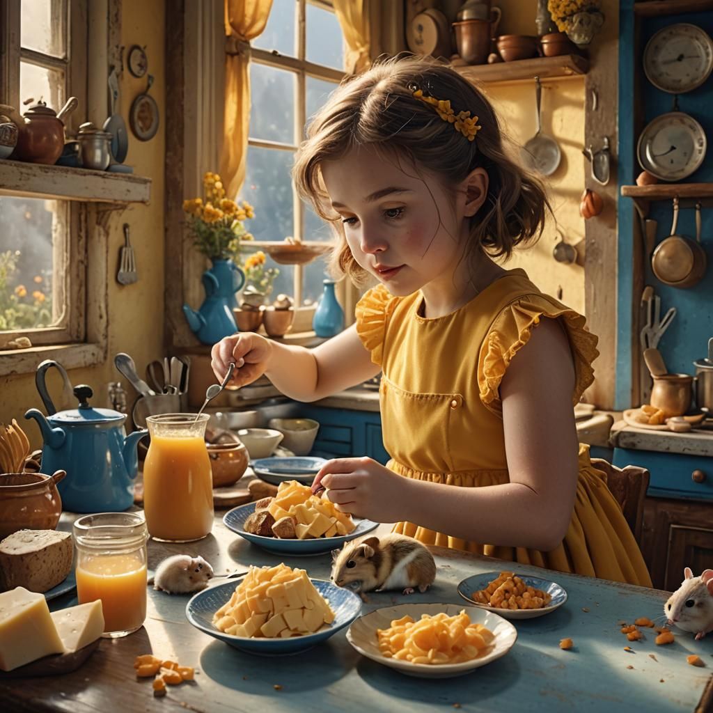 Girl and Hamster in Vintage Kitchen, Whimsical Matte Paintin...