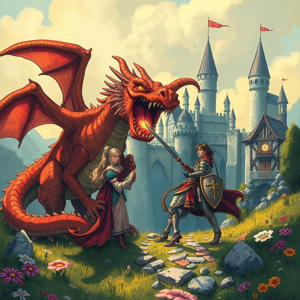 Epic Fantasy Realm with Majestic Castle and Fiery Dragon