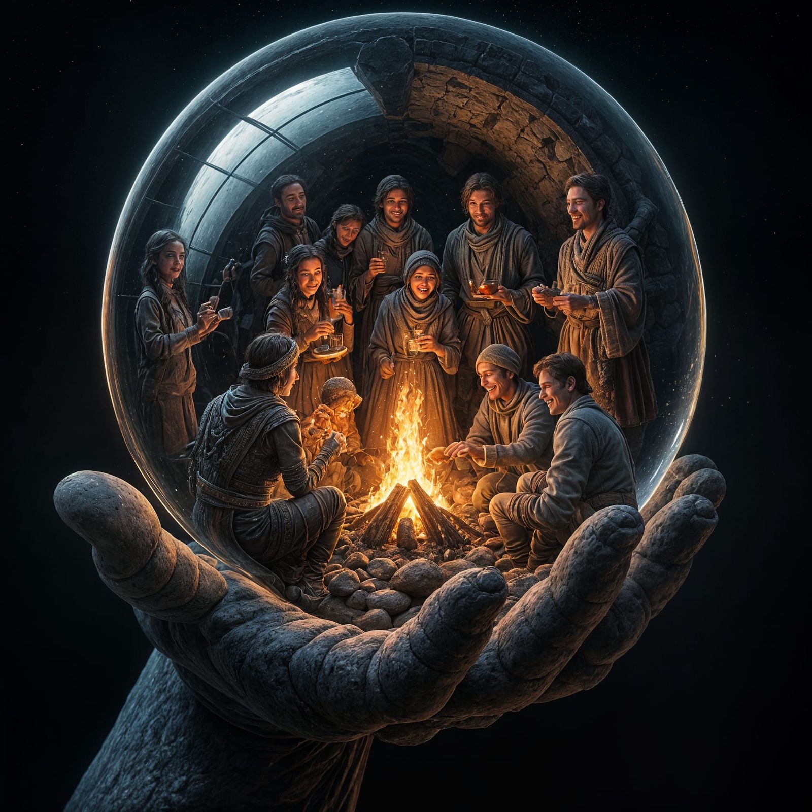 Rustic Gathering in Ancient Glass Sphere