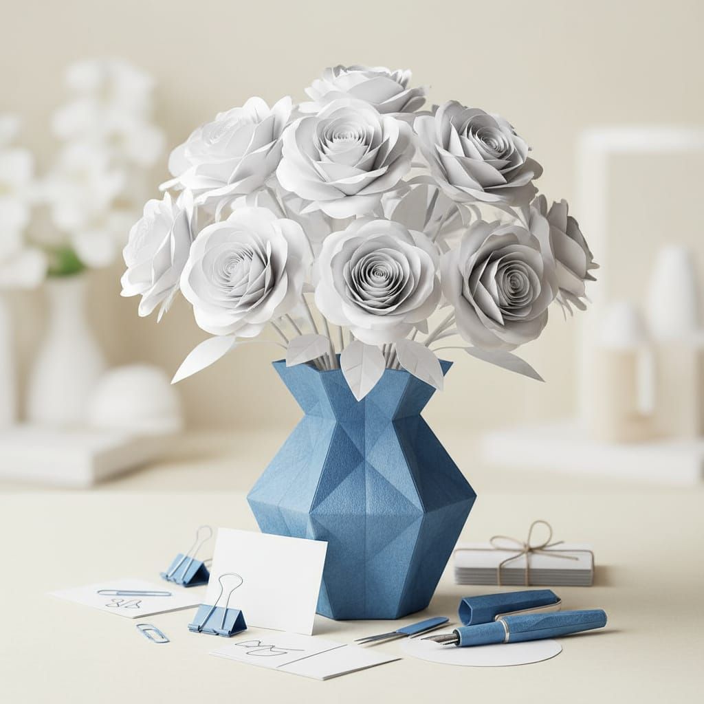 Origami Paper Roses in Blue Vase
