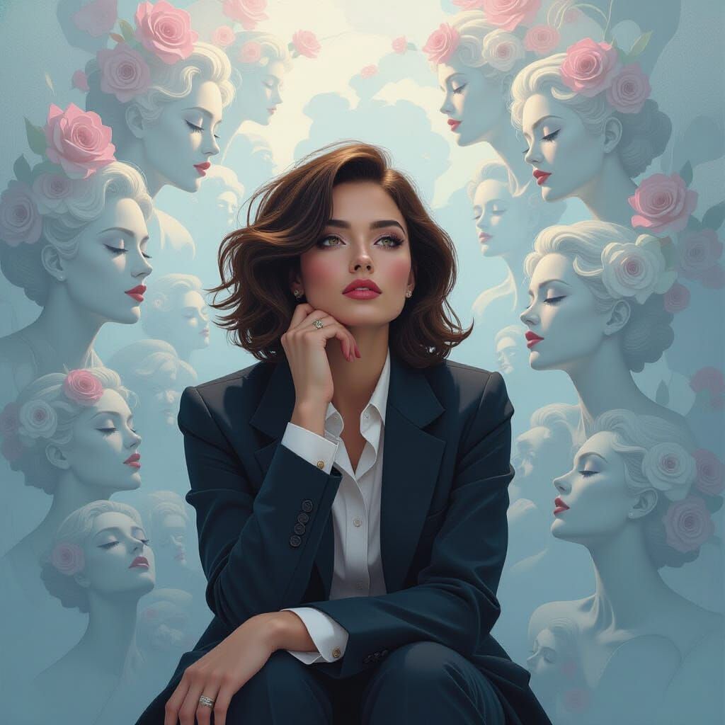 Contemplative Figure in Dreamlike Digital Landscape