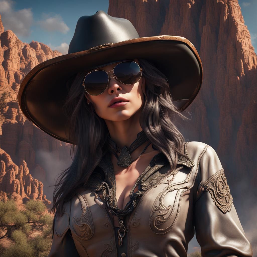 Cowgirl in Black Hat: Detailed Matte Painting