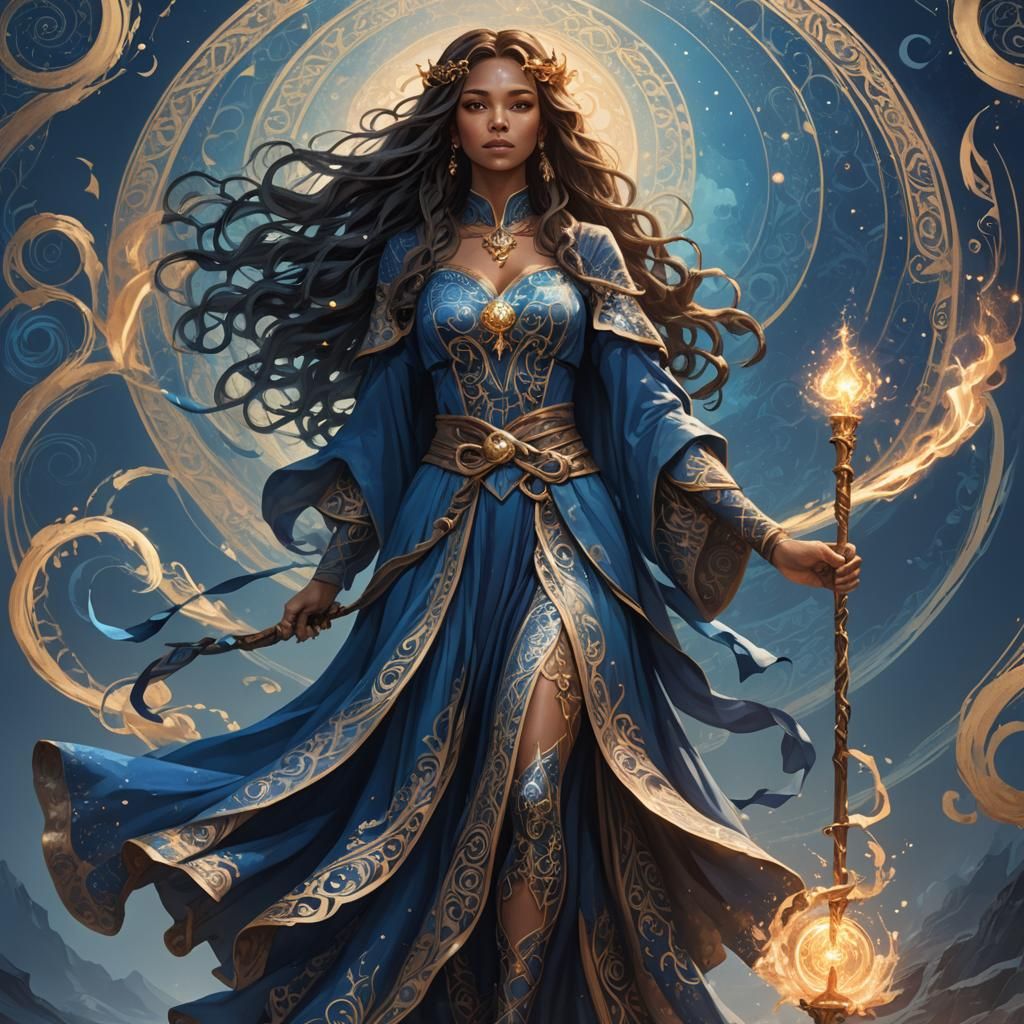 Fantasy Wizard with Staff in Flowing Blue Robes