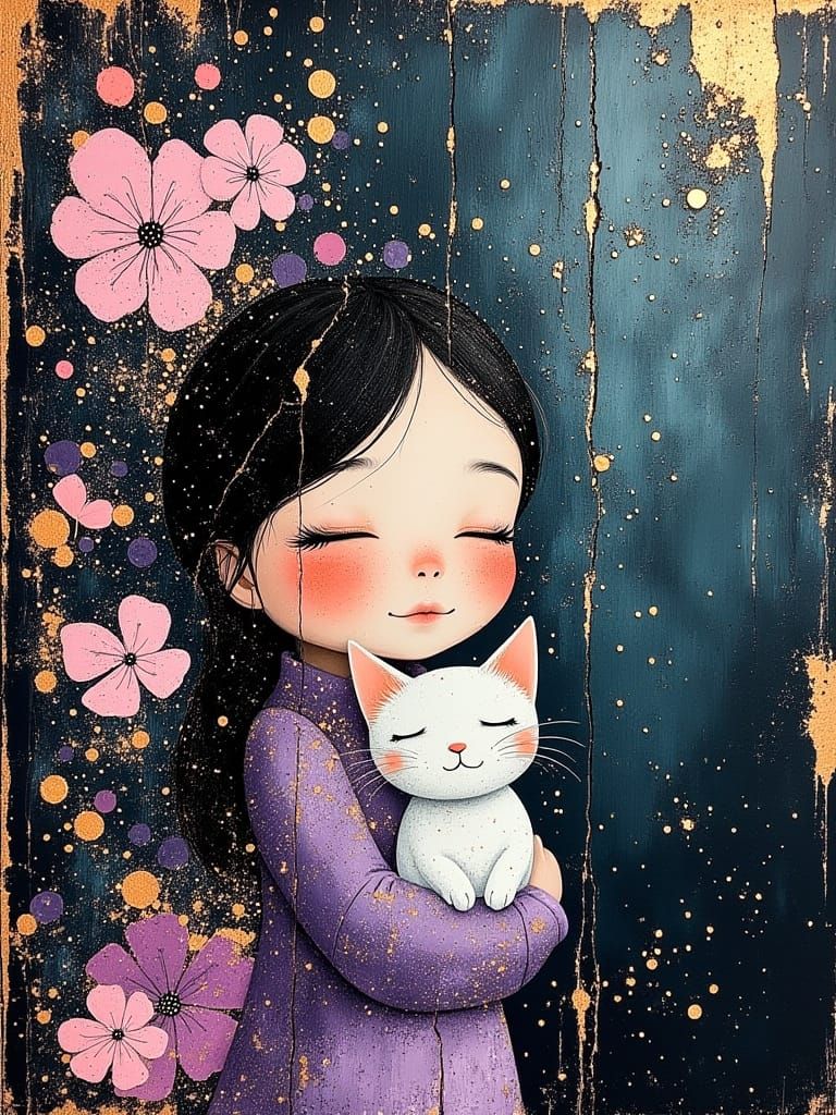 Little Girl and Cat in Vibrant Oil Painting