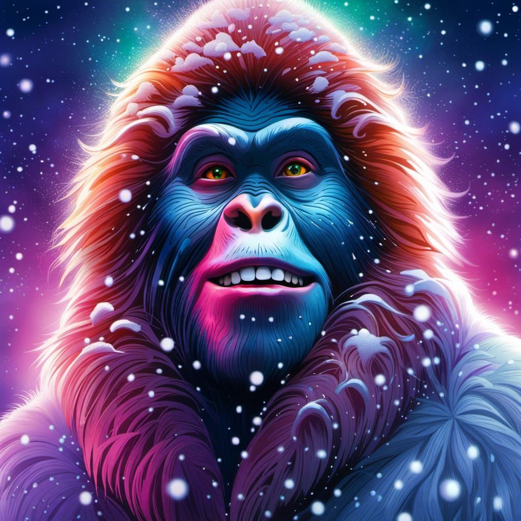 Photorealistic Sasquatch Woman in Aurora Borealis