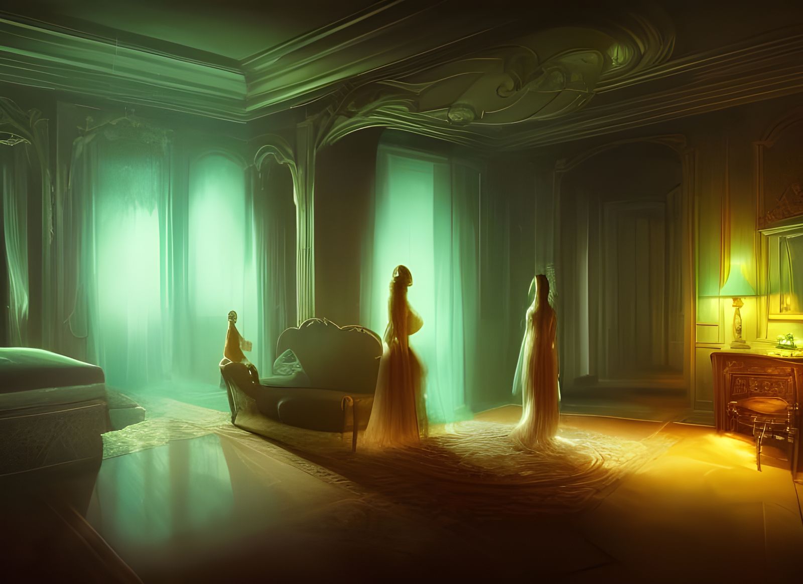 Sinister Ghostly Figure in Lavish Hotel Room