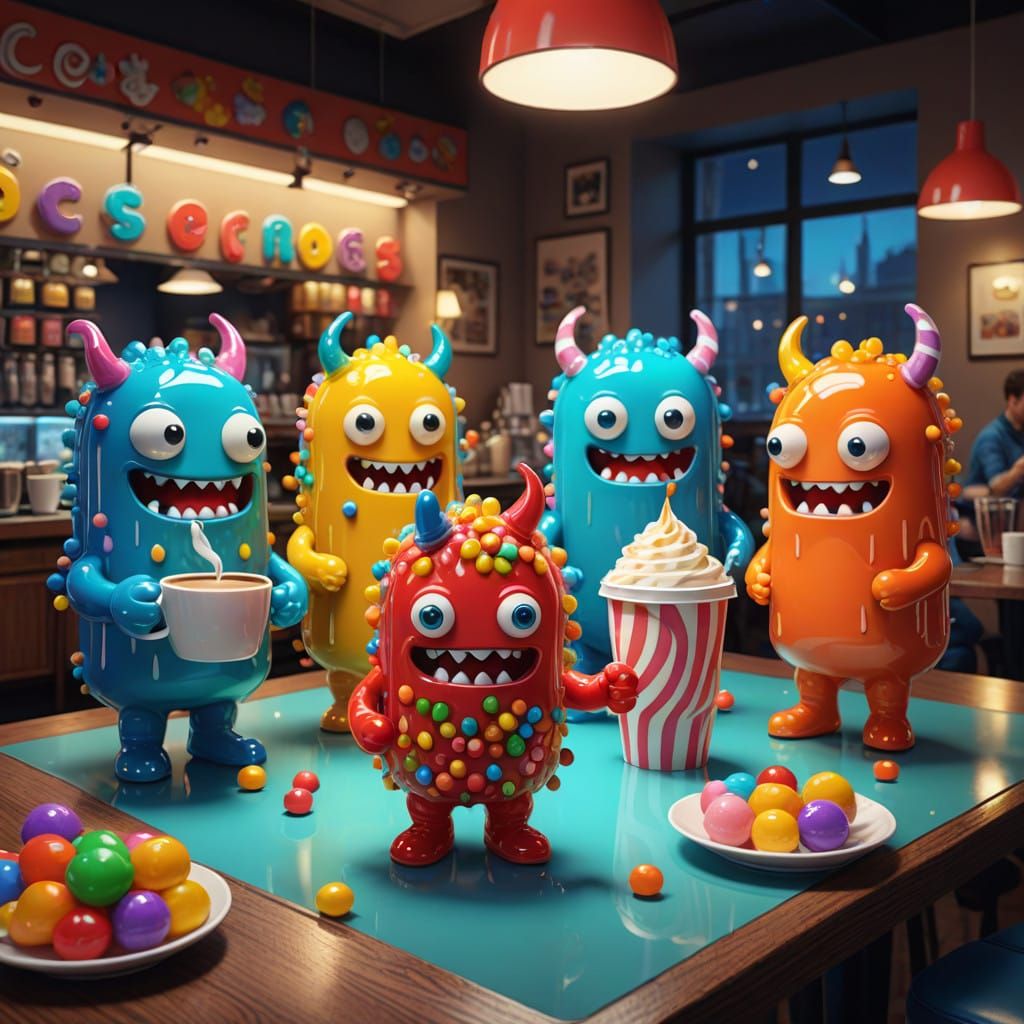 Whimsical Candy Monsters Enjoy Coffee in Retro Night Cafe