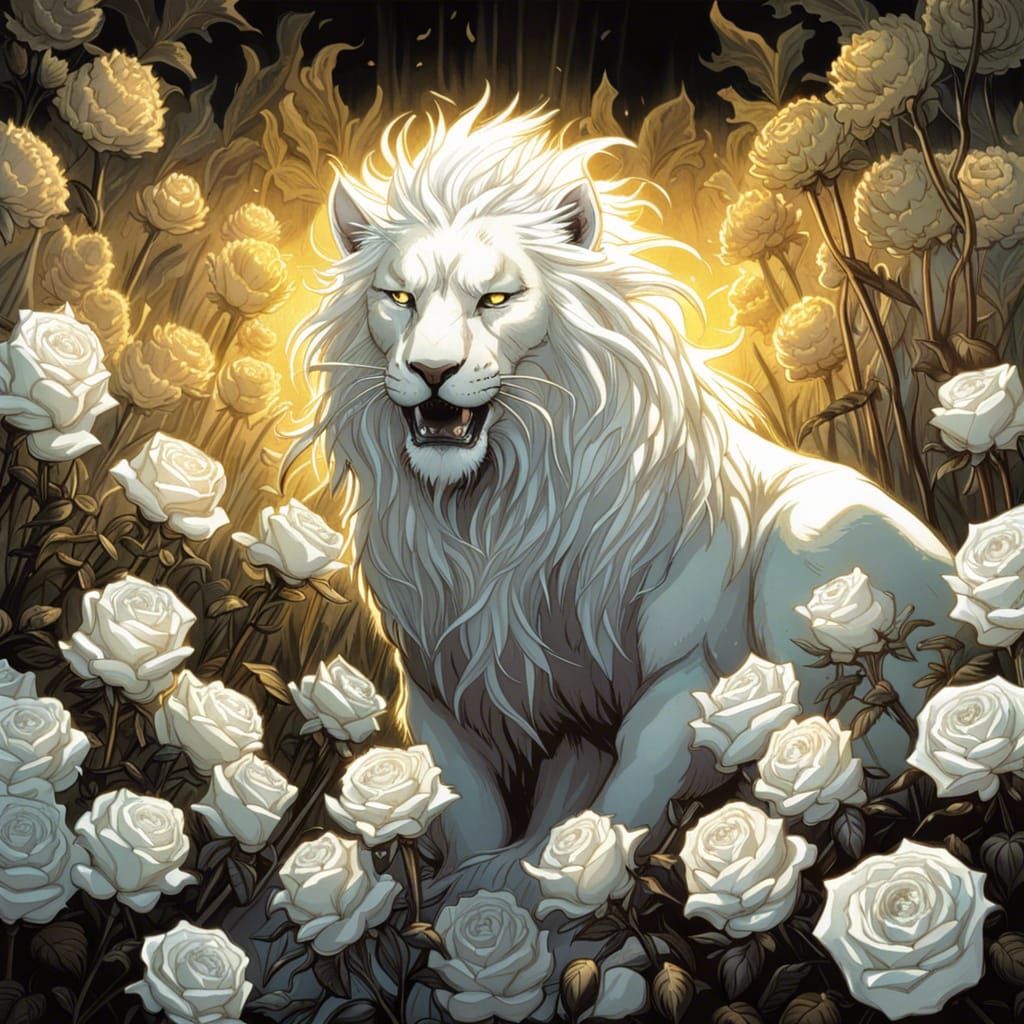 Gothic White Lion in Rose Field, Comic Art