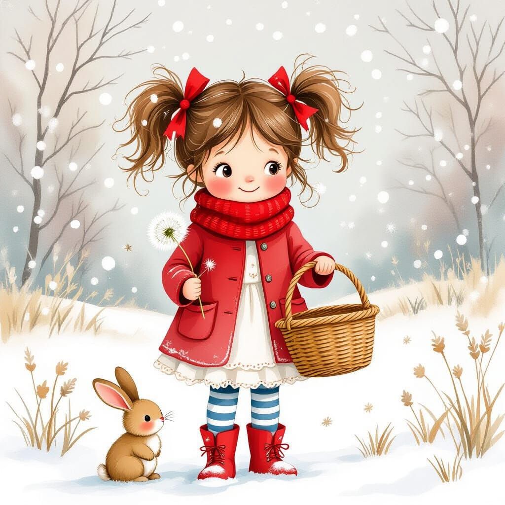 Winter Storybook Girl with Bunny in Watercolor Style