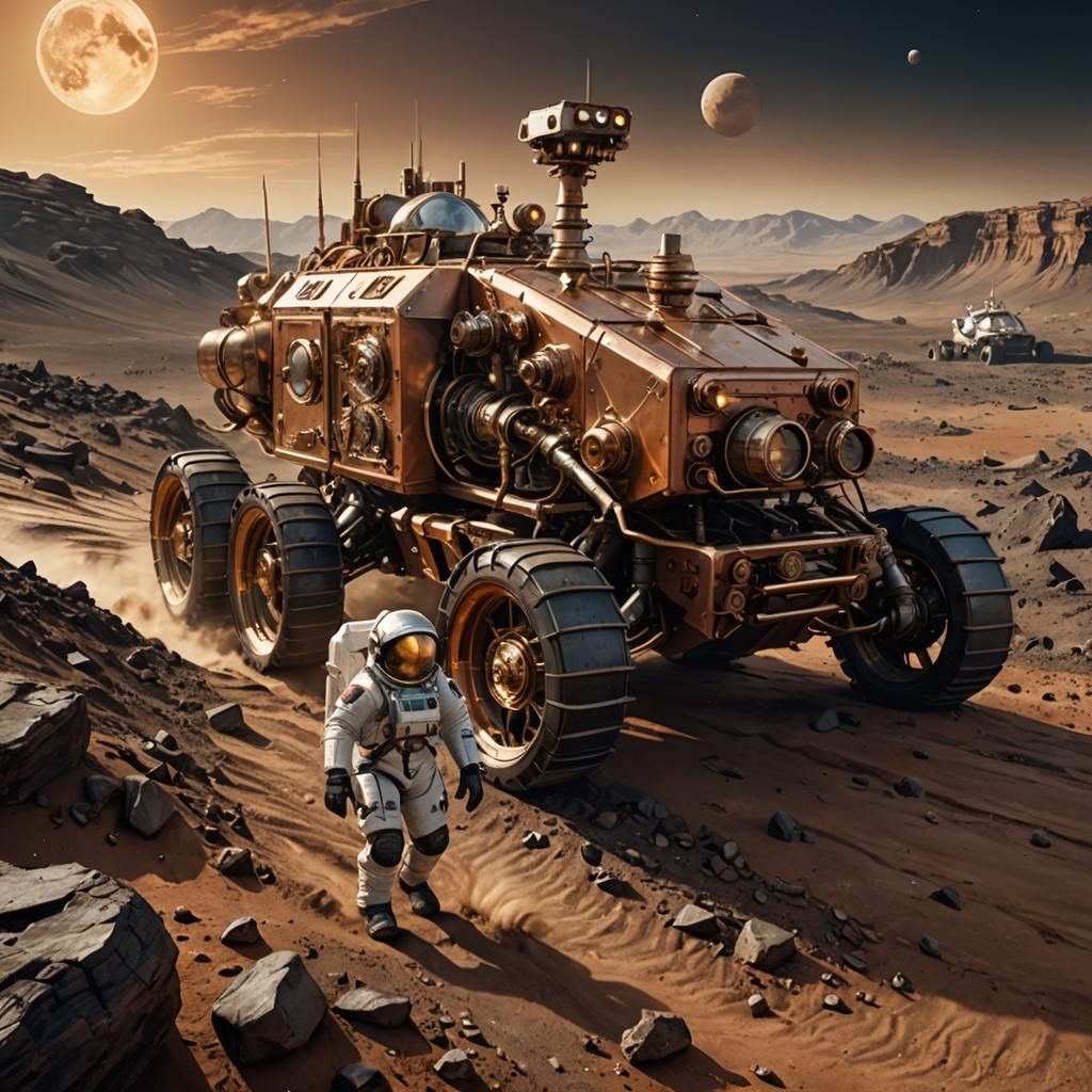 Steampunk Astronauts Traverse Ancient Martian Terrain