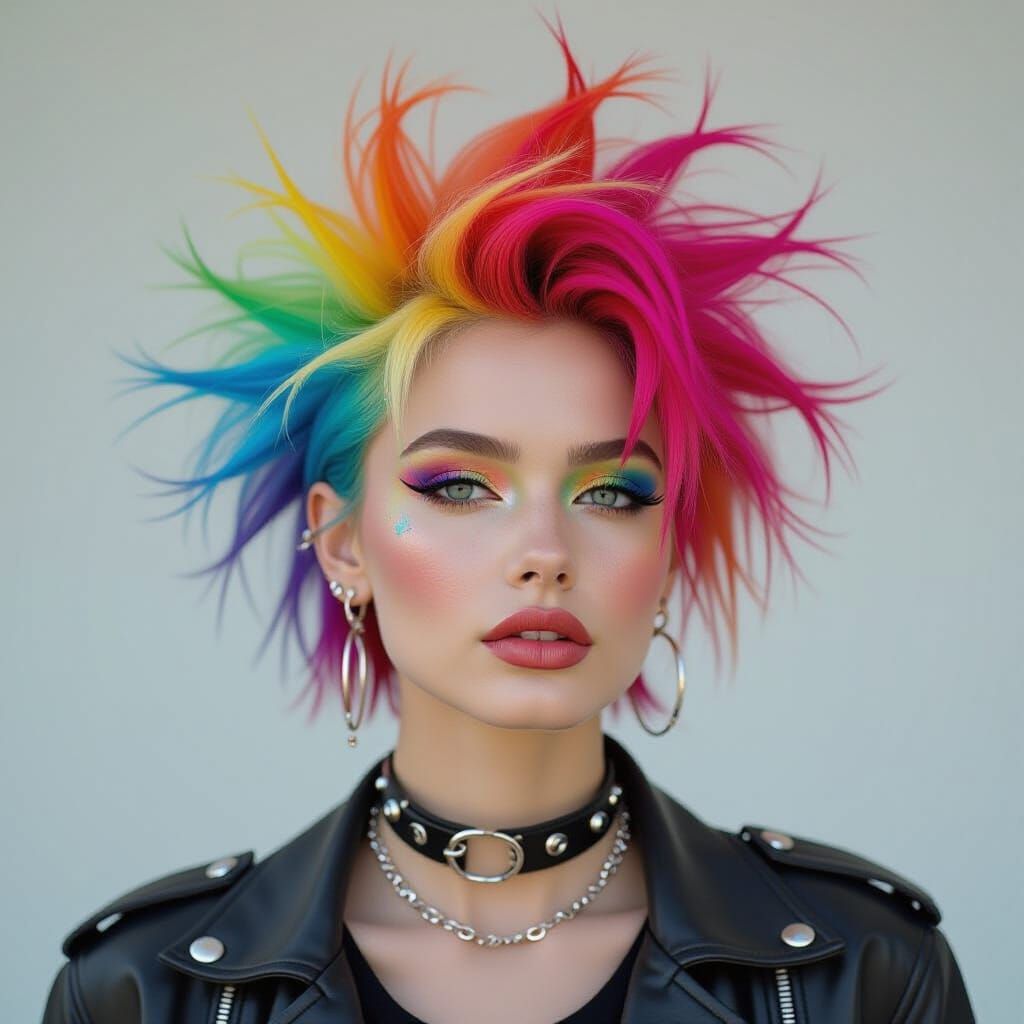 Woman with Rainbow Punk Hair in Surreal Style