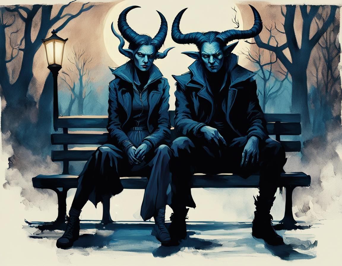 Demon Sits with Companions in Night Park