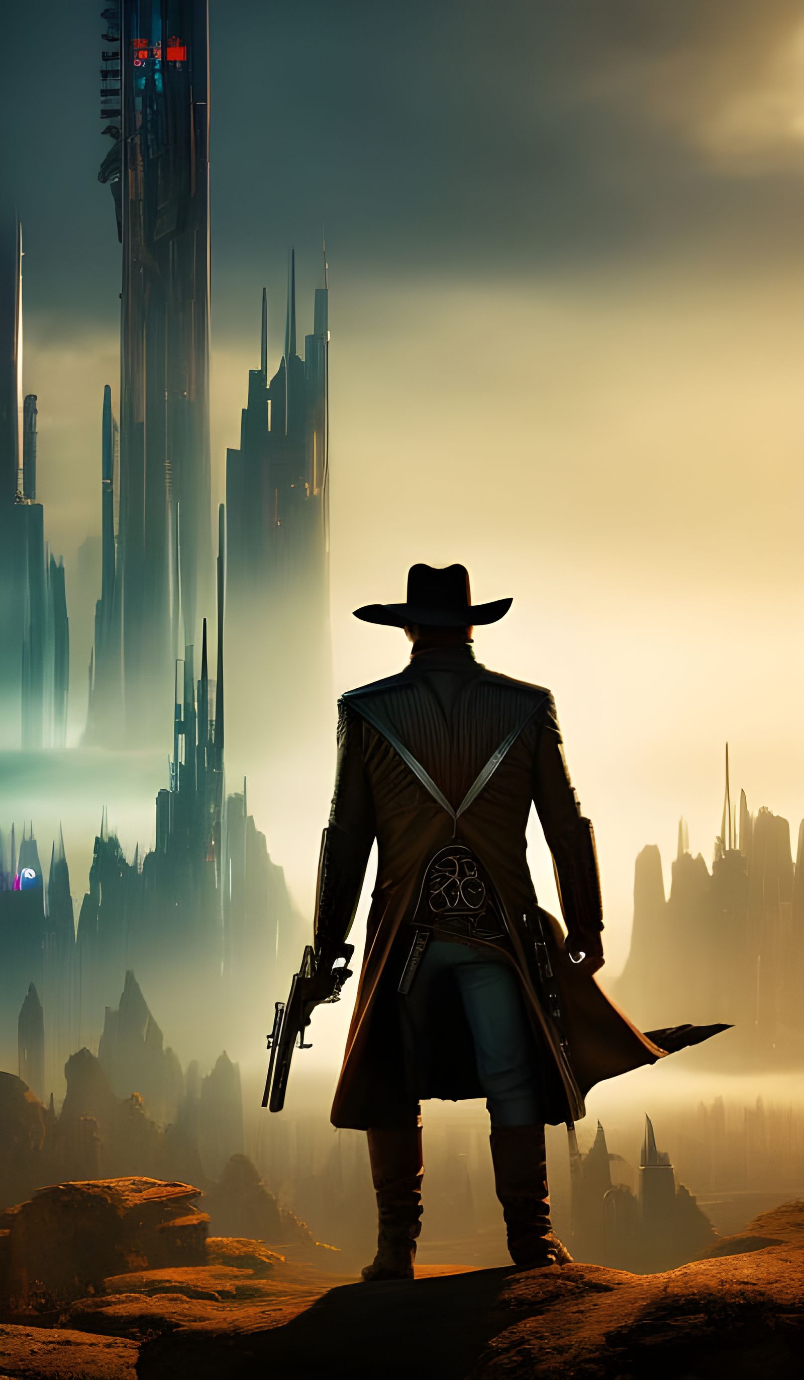 Cyberpunk Gunslinger at the Dark Tower Sunset